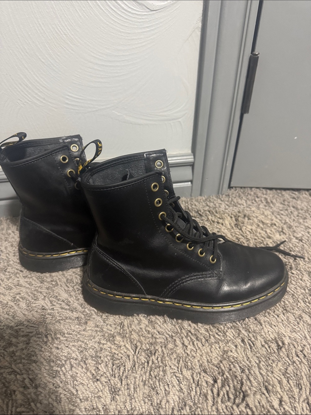 Dr. Martens Black Leather Combat Boots with Yellow Stitching